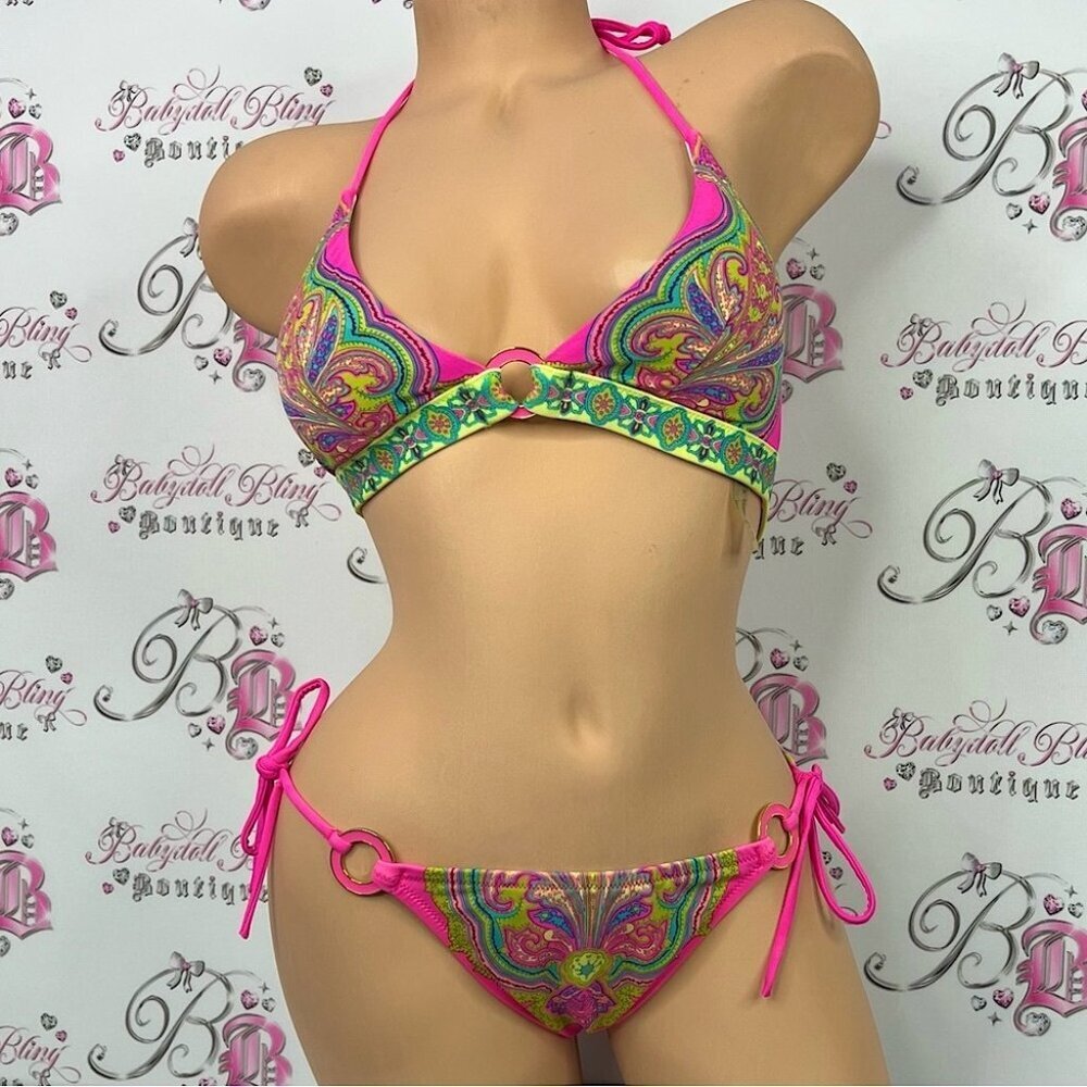 Victoria's Secret 2 piece set bikini boho metal neon Multicolor Paisley Bikini